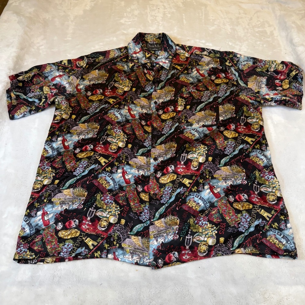 Nicole Miller Vintage 100% Silk Wine Print Button Down Shirt Mens XL Novelty